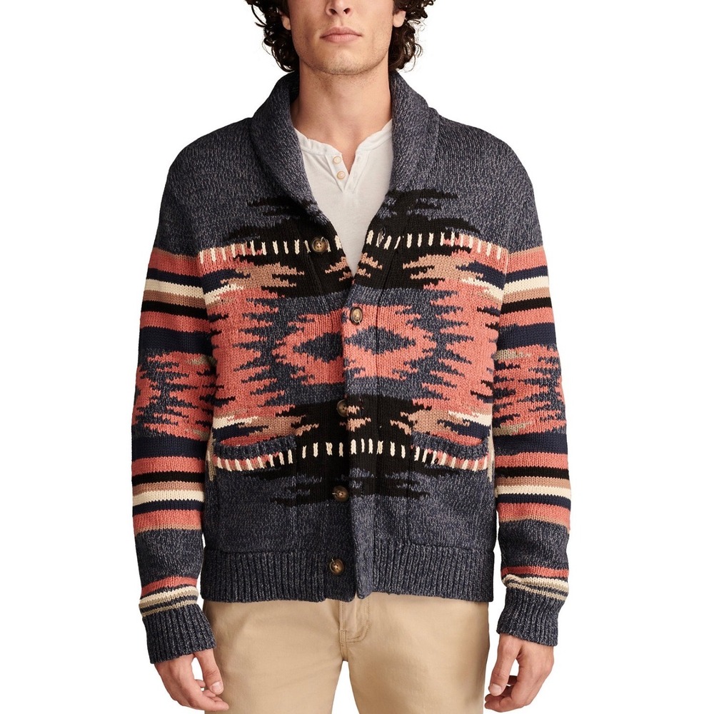 Lucky Brand Mens XXL Southwestern Shawl Collar Cardigan Blue Coral 124115 J007